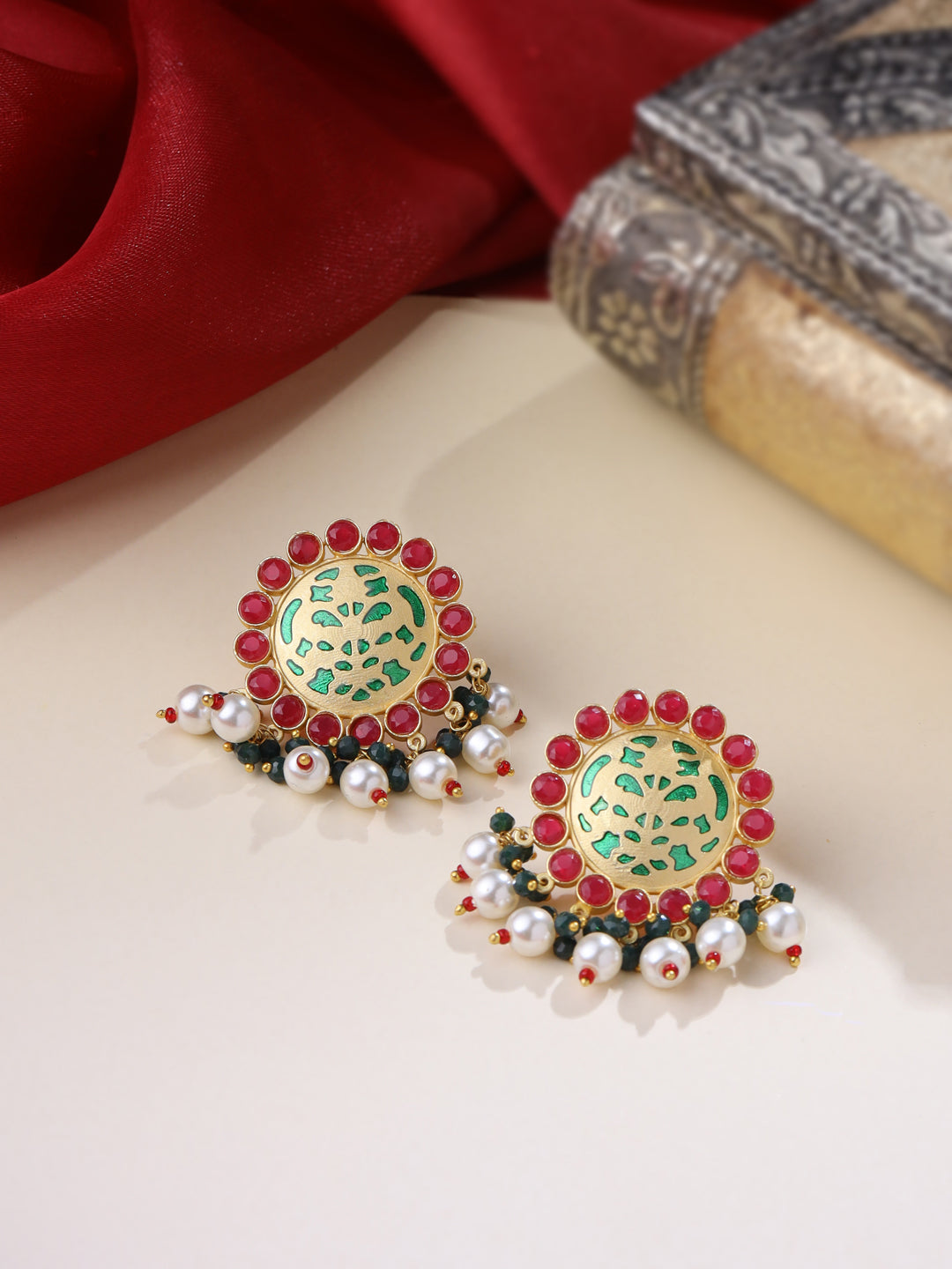 Ethnic Maroon Stud Earrings with Artificial Stones