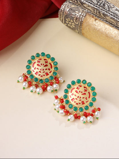Ethnic Green Stud Earrings with Artificial Stones