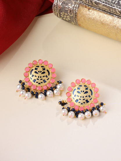 Ethnic Pink Stud Earrings with Artificial Stones