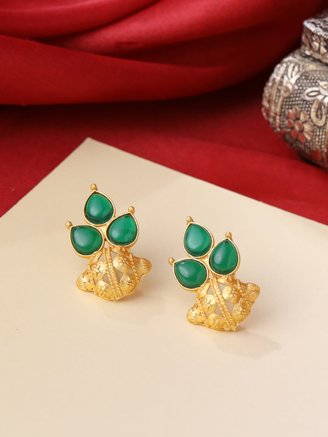 Brass Metal Green Stud Earrings