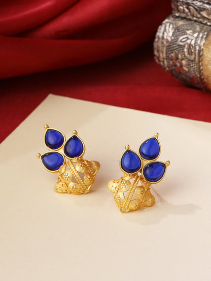 Brass Metal Blue Stud Earrings