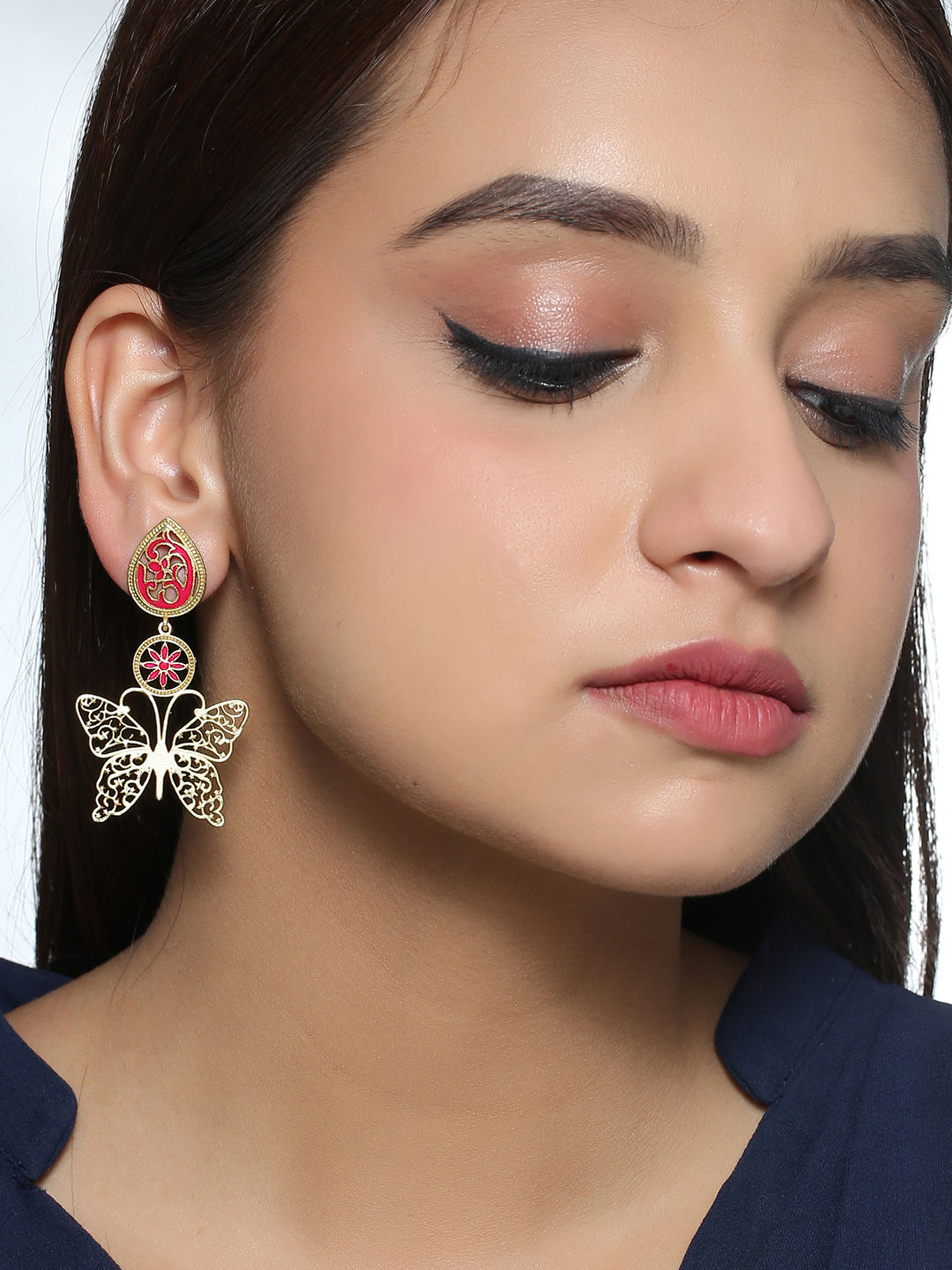 Classic Pink Meenakari Butterfly Design Drop Earrings