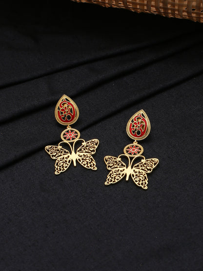 Classic Red Meenakari Butterfly Design Drop Earrings